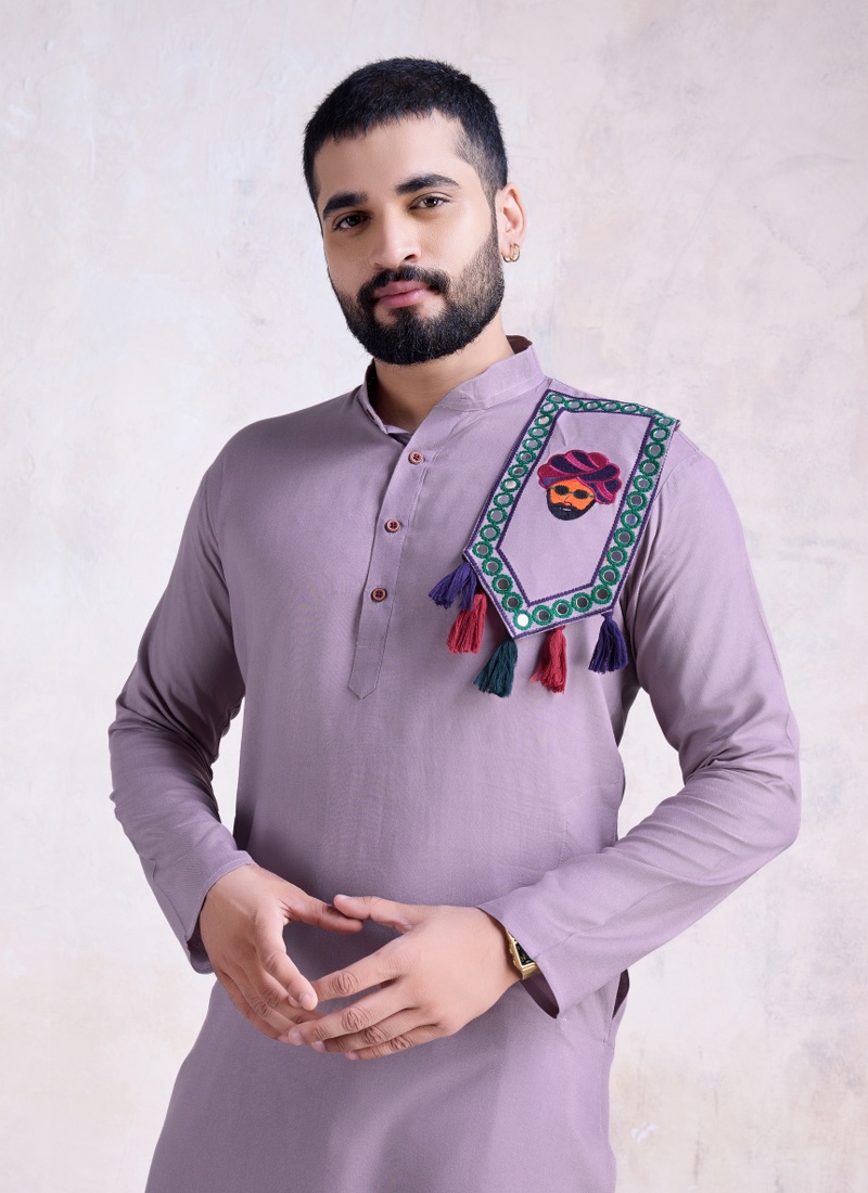 Dusty Purple Rayon Real Mirror Embroidered Navratri Mens Kurta Pajama