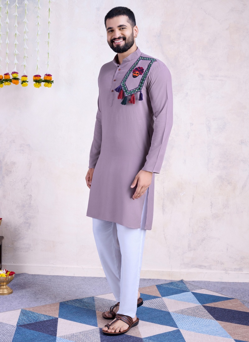 Dusty Purple Rayon Real Mirror Embroidered Navratri Mens Kurta Pajama