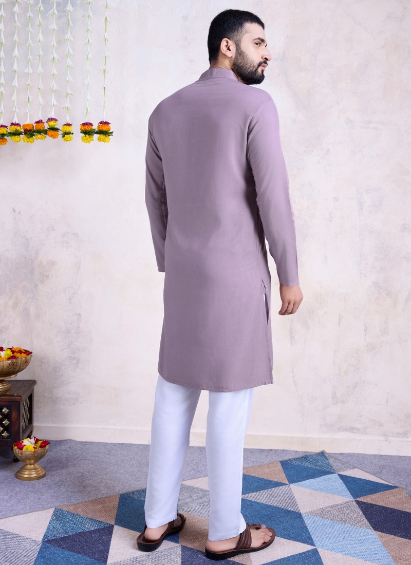 Dusty Purple Rayon Real Mirror Embroidered Navratri Mens Kurta Pajama