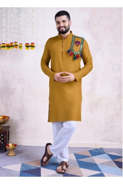 Yellow Rayon Real Mirror Work Navratri Mens Kurta Pajama