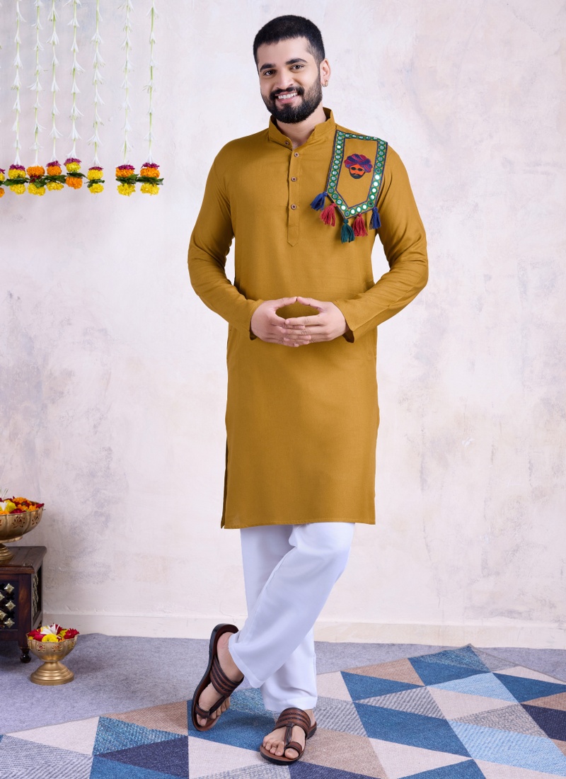 Yellow Rayon Real Mirror Work Navratri Mens Kurta Pajama