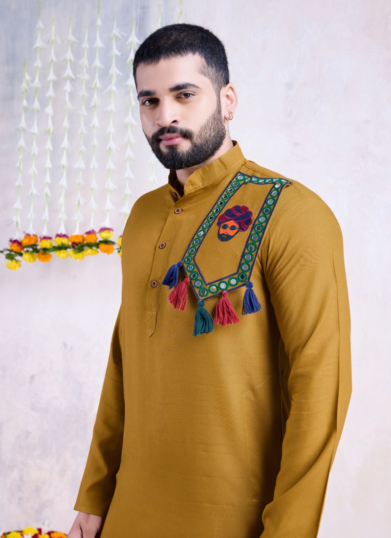 Yellow Rayon Real Mirror Work Navratri Mens Kurta Pajama