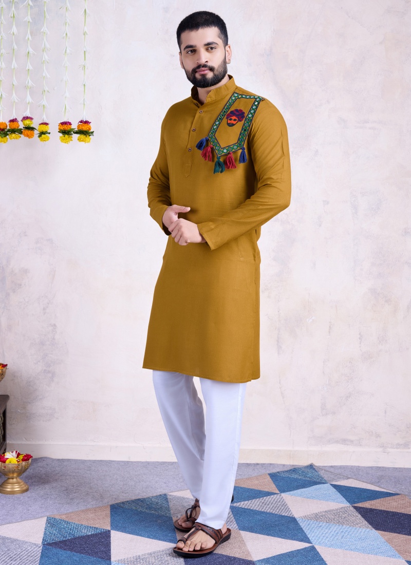 Yellow Rayon Real Mirror Work Navratri Mens Kurta Pajama