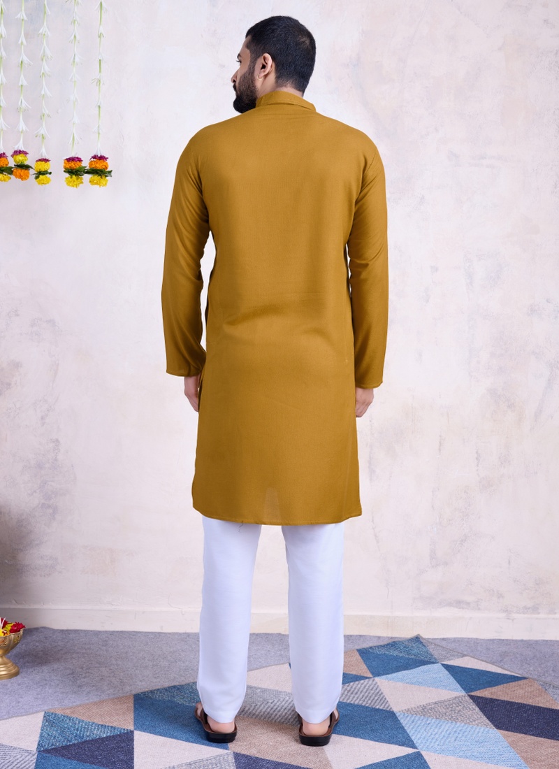 Yellow Rayon Real Mirror Work Navratri Mens Kurta Pajama