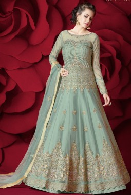 Green Net Wedding Embroidered Floor Length Anarkali
