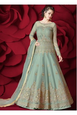 Green Net Wedding Embroidered Floor Length Anarkali
