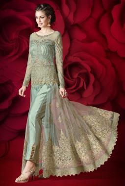 Green Net Wedding Embroidered Floor Length Anarkali