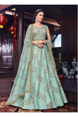 Blue Silk Wedding Embroidered Floor Length Anarkali