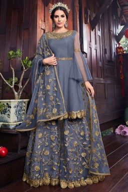 Grey Net Wedding Embroidered Floor Length Anarkali Churidar Suit