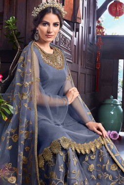 Grey Net Wedding Embroidered Floor Length Anarkali Churidar Suit