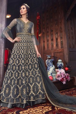 Grey Net Wedding Embroidered Floor Length Anarkali Suit