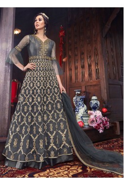 Grey Net Wedding Embroidered Floor Length Anarkali Suit