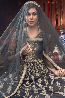 Grey Net Wedding Embroidered Floor Length Anarkali Suit