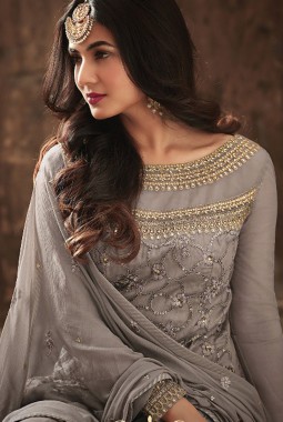 Grey Net Wedding Embroidered Pakistani Palazzo Suit