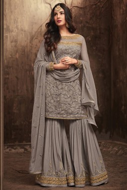Grey Net Wedding Embroidered Pakistani Palazzo Suit