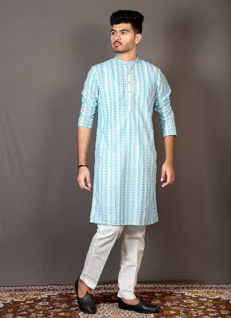 Sky Blue Lakhnavi Embroidered Festival Kurta Sky Blue Lakhnavi Embroidered Festival Kurta