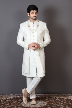 Cream Art Silk Embroidered Wedding Indo-Western