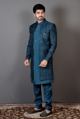 Teal Art Silk Embroidered Wedding Indo-Western