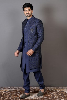 Navy Blue Art Silk Embroidered Wedding Indo-Western