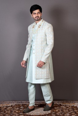 Light Sky Blue Georgette Embroidered Wedding Indo-Western