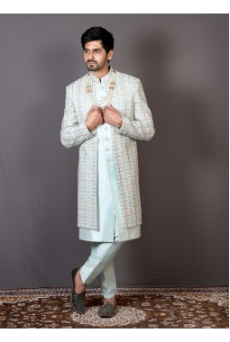 Light Sky Blue Georgette Embroidered Wedding Indo-Western