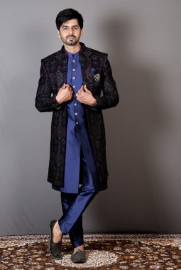 Royal Blue Velvet Embroidered Wedding Indo-Western