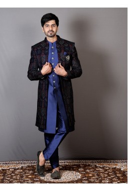 Royal Blue Velvet Embroidered Wedding Indo-Western