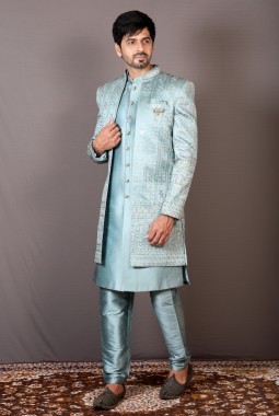 Grey Art Silk Embroidered Wedding Indo-Western