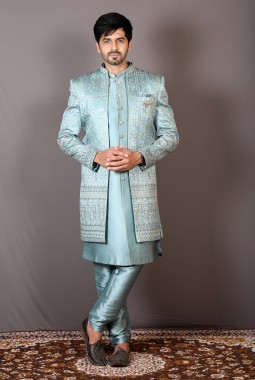Grey Art Silk Embroidered Wedding Indo-Western