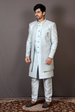 Sky Blue Art Silk Embroidered Wedding Indo-Western