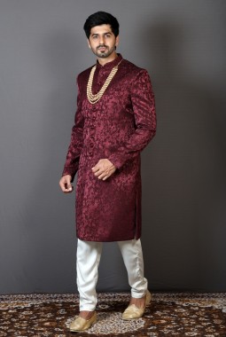 Maroon Jacquard Silk Embroidered Wedding Indo-Western