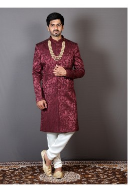 Maroon Jacquard Silk Embroidered Wedding Indo-Western