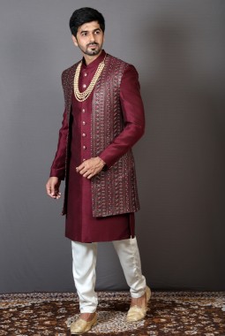 Maroon Art Silk Embroidered Wedding Indo-Western