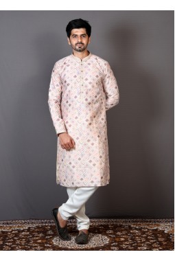 Cream Brocade Silk Printed Party Wear Kurta