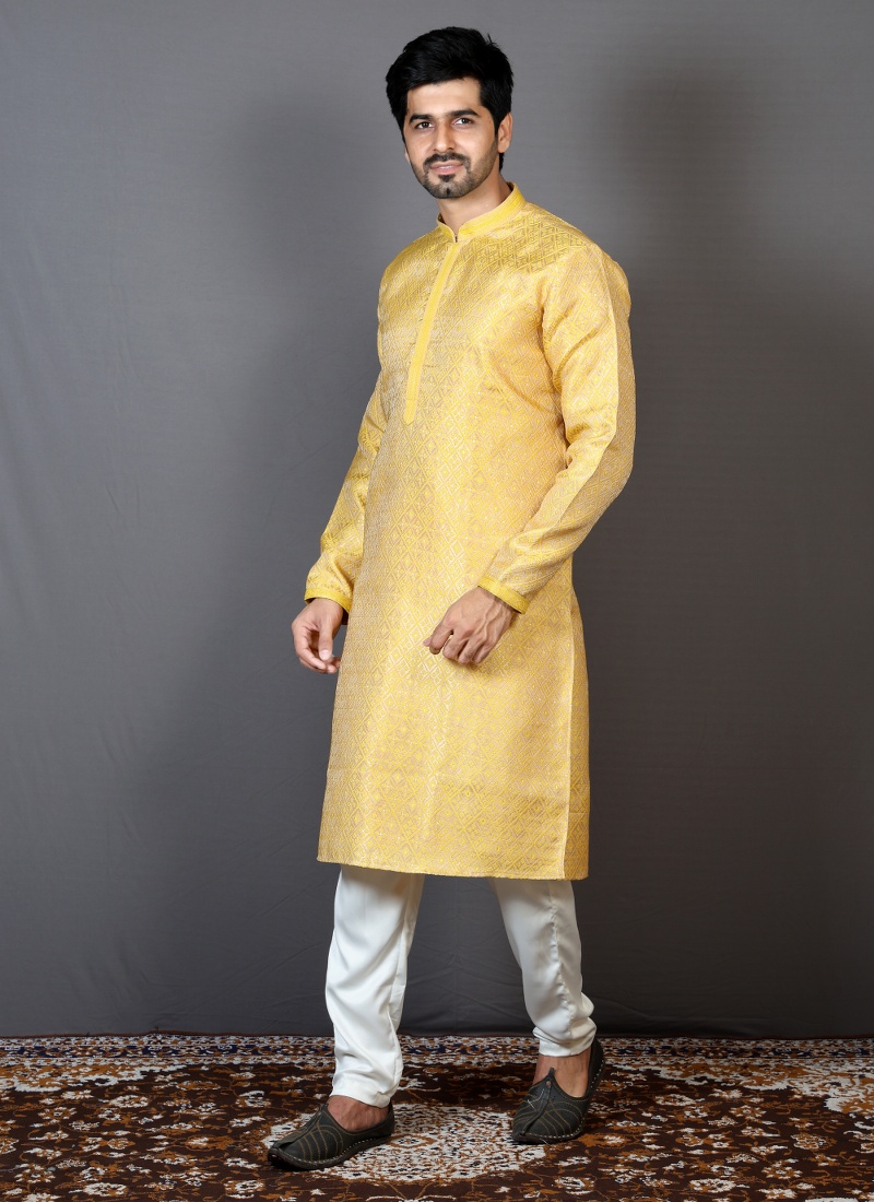 Yellow Brocade Silk Embroidered Haldi Function Kurta Yellow Brocade Silk Embroidered Haldi Function Kurta