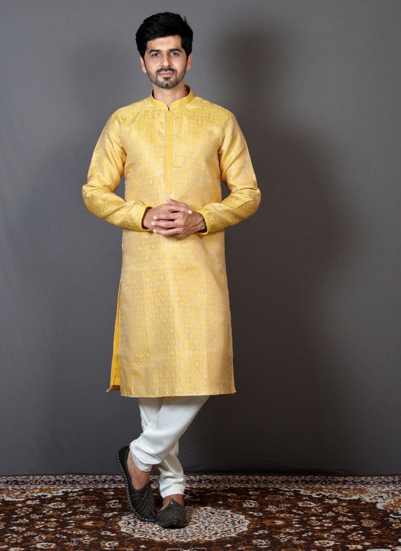 Yellow Brocade Silk Embroidered Haldi Function Kurta Yellow Brocade Silk Embroidered Haldi Function Kurta