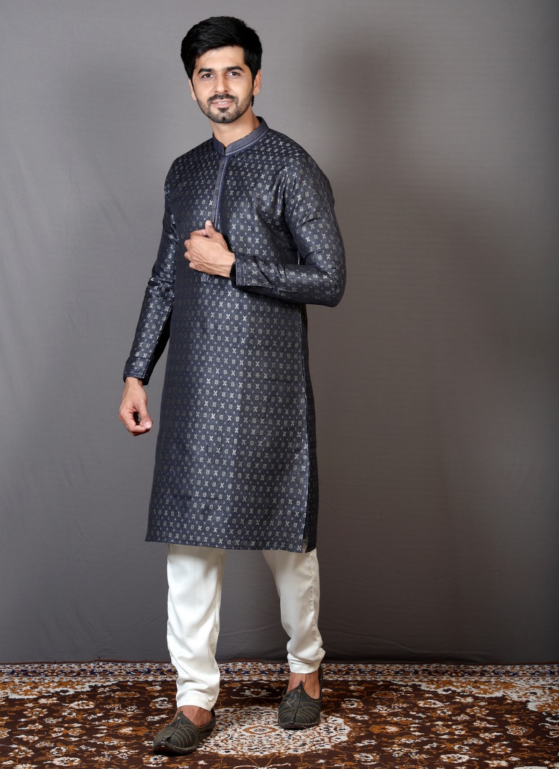 Navy Blue Brocade Silk Printed Party Wear Kurta Navy Blue Brocade Silk Printed Party Wear Kurta