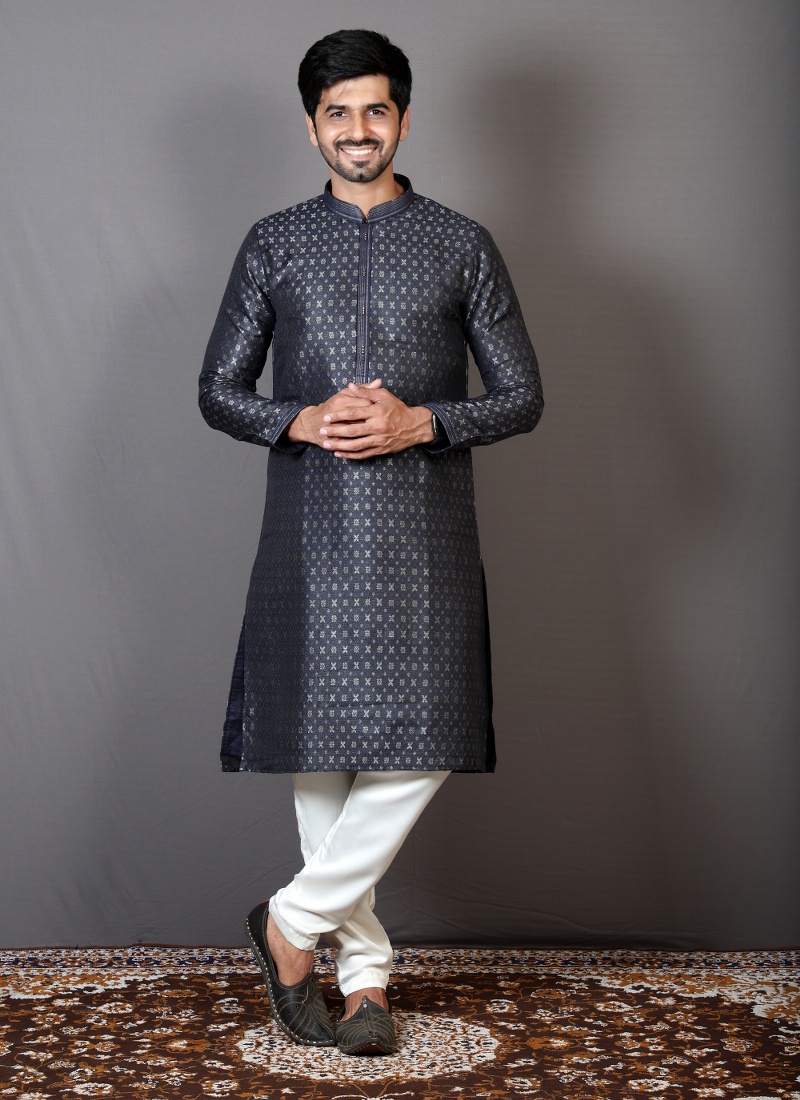Navy Blue Brocade Silk Printed Party Wear Kurta Navy Blue Brocade Silk Printed Party Wear Kurta