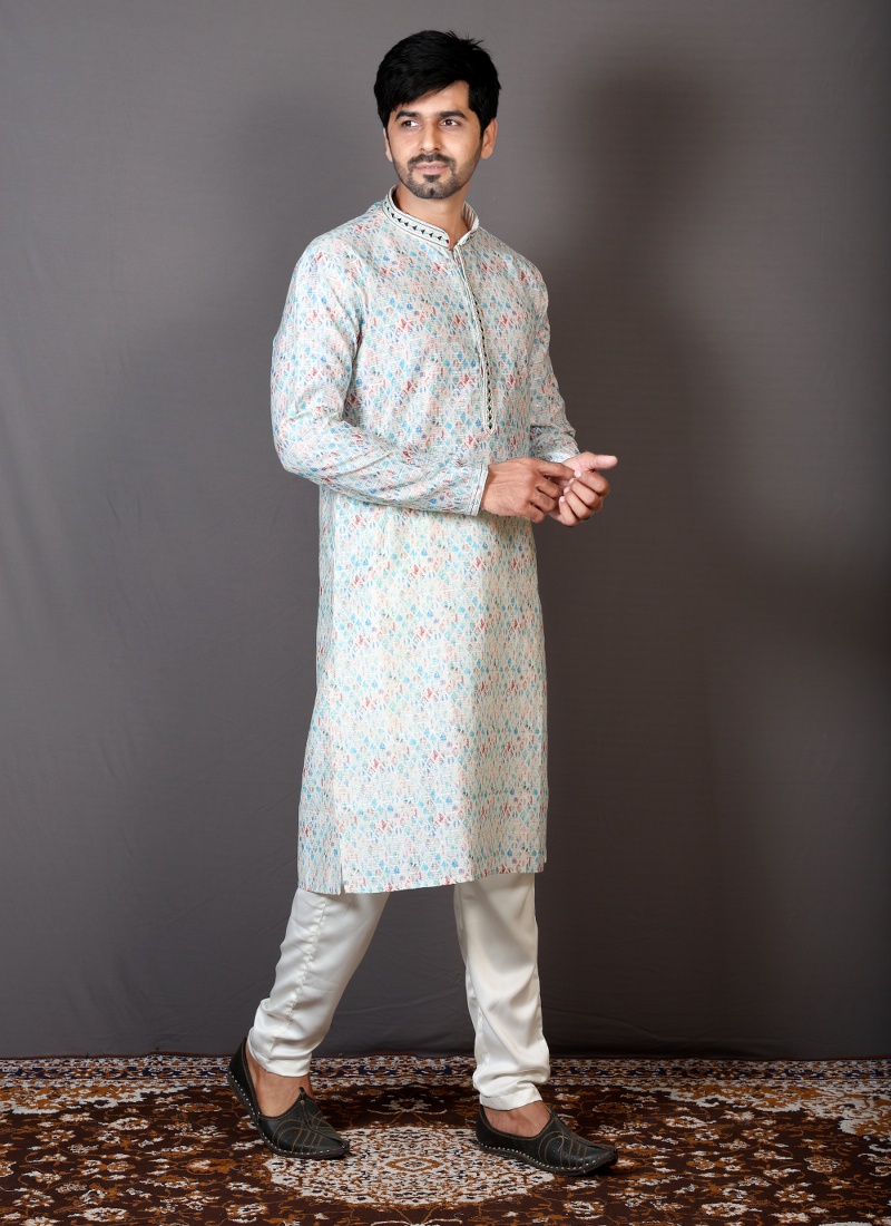 Multicolor Brocade Silk Printed Engagement Ceremony Kurta
