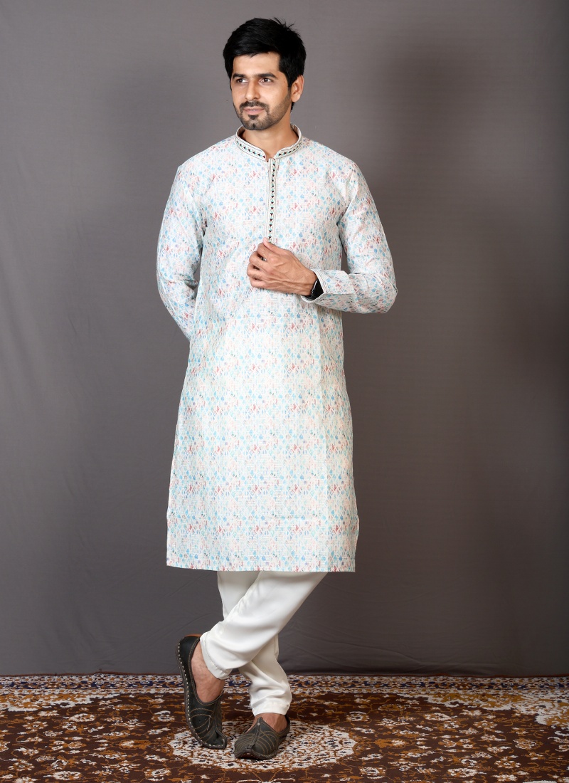 Multicolor Brocade Silk Printed Engagement Ceremony Kurta