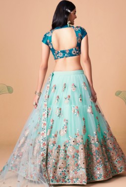 Sky Blue Net Mirror Work Wedding Lehenga Choli