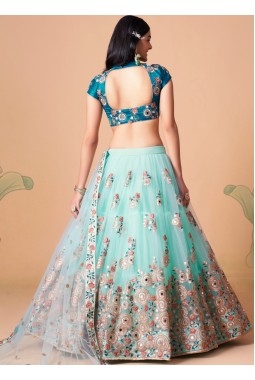 Sky Blue Net Mirror Work Wedding Lehenga Choli