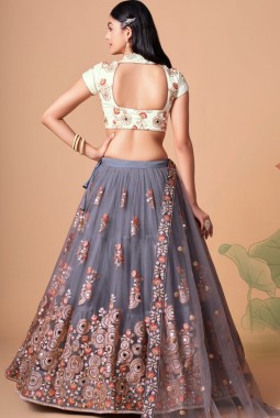 Grey Net Zari Embroidery Wedding Lehenga Choli