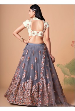 Grey Net Zari Embroidery Wedding Lehenga Choli