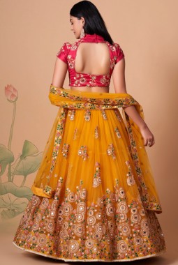 Yellow Net Thread Embroidery Wedding Lehenga Choli