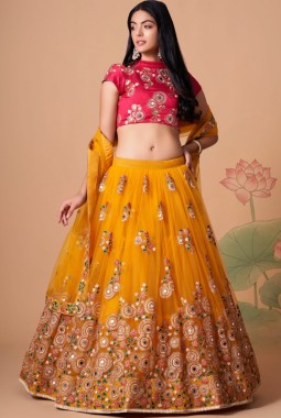 Yellow Net Thread Embroidery Wedding Lehenga Choli