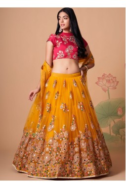 Yellow Net Thread Embroidery Wedding Lehenga Choli
