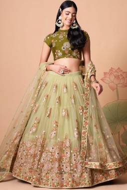 Pista Net Zari Embroidery Wedding Lehenga Choli