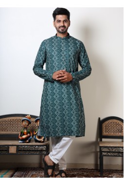 Bandhani Print Cotton Viscose Navratri Garba Kurta For Men In Green