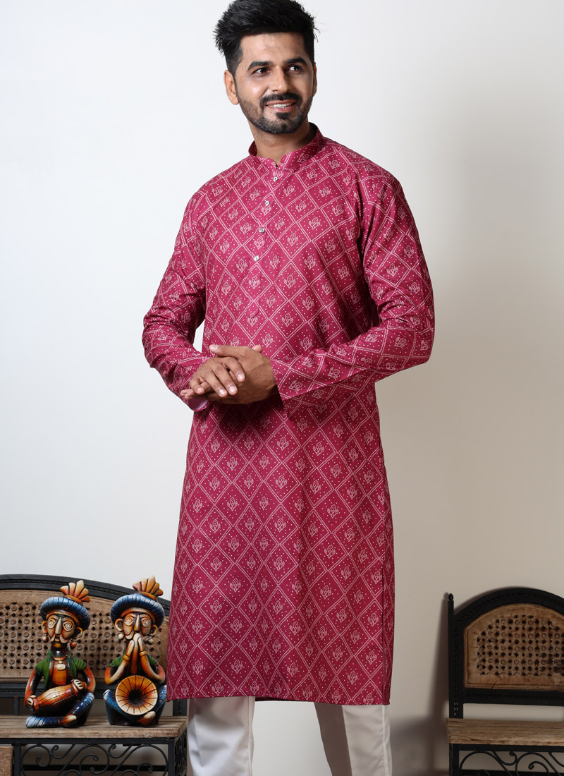 Navratri Garba Cotton Viscose Bandhani Kurta For Men In Pink Navratri Garba Cotton Viscose Bandhani Kurta For Men In Pink